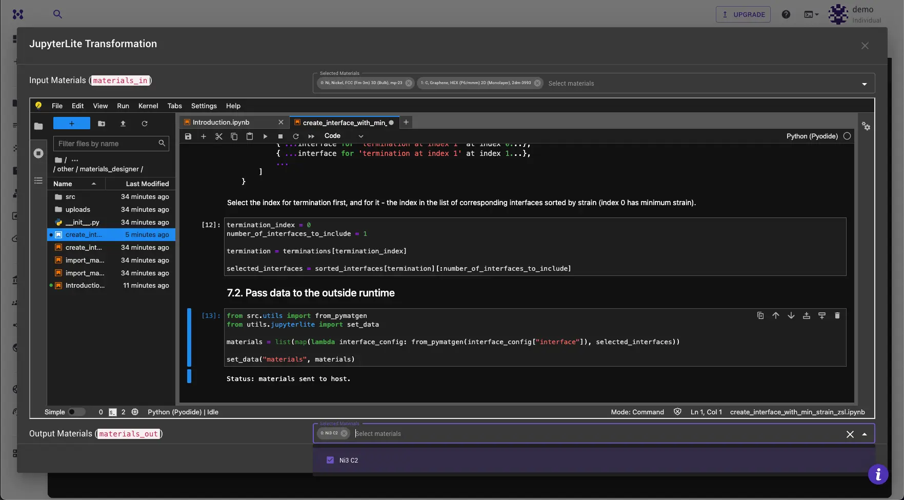 JupyterLite Transformation dialog with materials_out dropdown opened