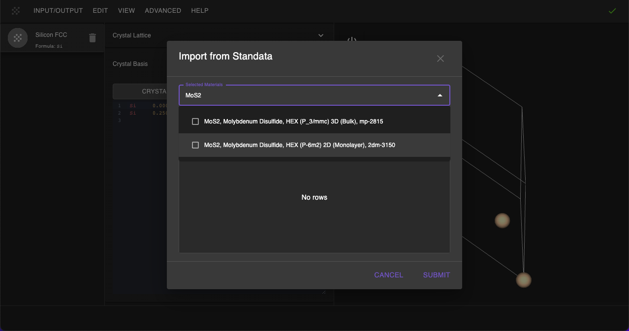 Standata MoS2 Import